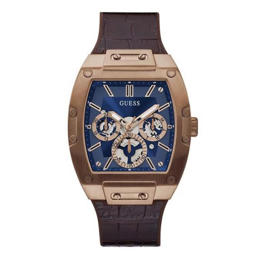 GUESS Mens Trend Multifunction 43mm Watch – Coffee Stainless Steel Case with Blue Diamond Dial & Brown Croco Leather Strap