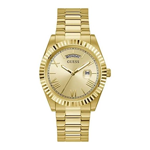 GUESS 42mm Stainless Steel Day-Date Watch with Coin Edge Bezel