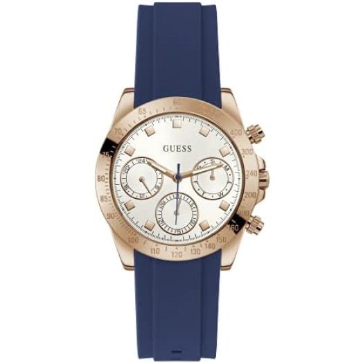 GUESS Women's Stainless Steel Quartz Watch with Silicone Strap, Blue, 20 (Model: GW0315L2)