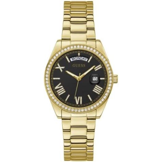 GUESS 36mm Stainless Steel Day-Date Watch with Coin Edge Bezel
