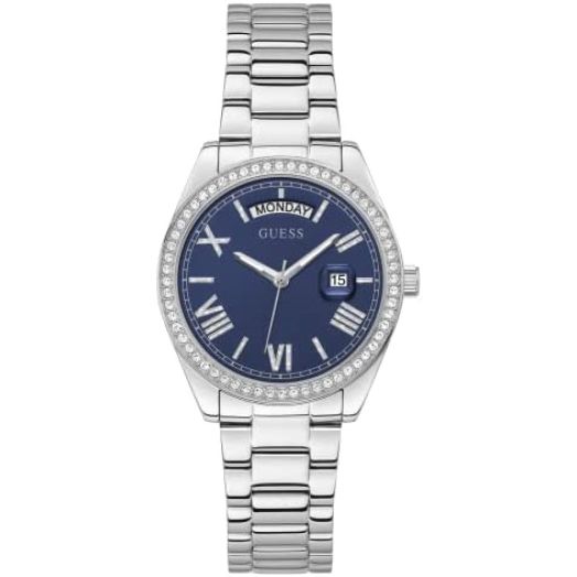 GUESS 36mm Stainless Steel Day-Date Watch with Coin Edge Bezel