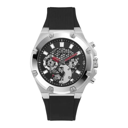 GUESS Men's Stainless Steel Quartz Watch with Silicone Strap, Black, 22 (Model: GW0334G1)