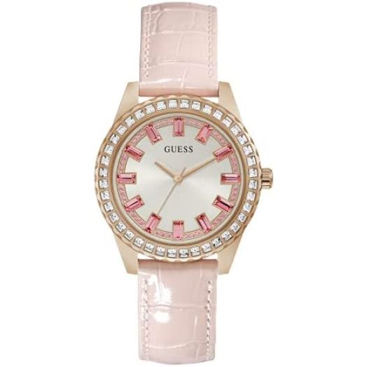 GUESS Women's Stainless Steel Quartz Watch with Leather Strap, Pink, 18 (Model: GW0032L2)