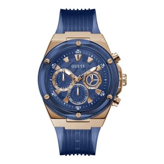 GUESS Men's Sport Multifunction 46mm Watch – Blue Dial Rose Gold-Tone Stainless Steel Case with Blue Bio-Based Polyurethane Strap