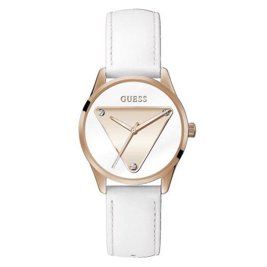 GUESS Ladies Trend Triangle Logo 36mm Watch – Rose Gold-Tone Stainless Steel Case with White Dial & White Leather Strap
