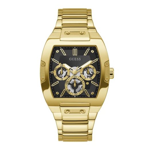 GUESS Men's Trend Multifunction Tonneau 43mm Watch – Black Dial Gold-Tone Stainless Steel Case & Bracelet