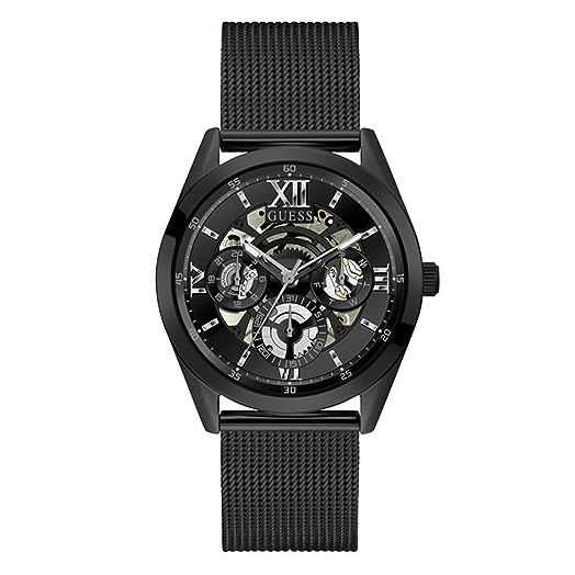GUESS Mens Dress Multifunction 42mm Watch – Silver-Tone Stainless Steel Case with Silver Skeleton Dial & Mesh Bracelet