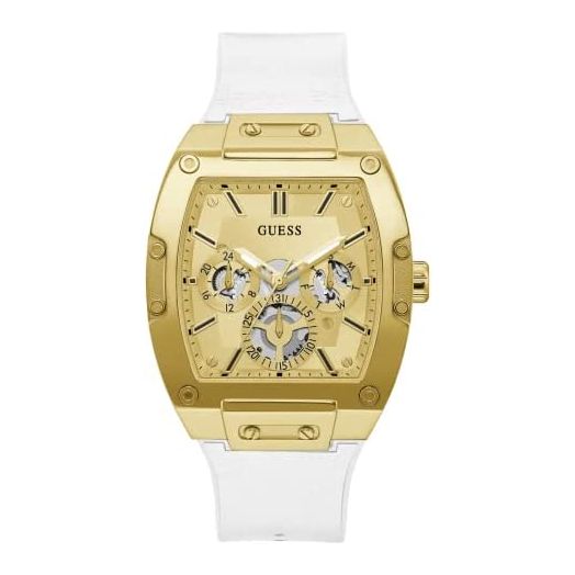 GUESS Men's Trend Multifunction Tonneau 43mm Watch – Gold-Tone Dial & Stainless Steel Case with White Silicone Strap