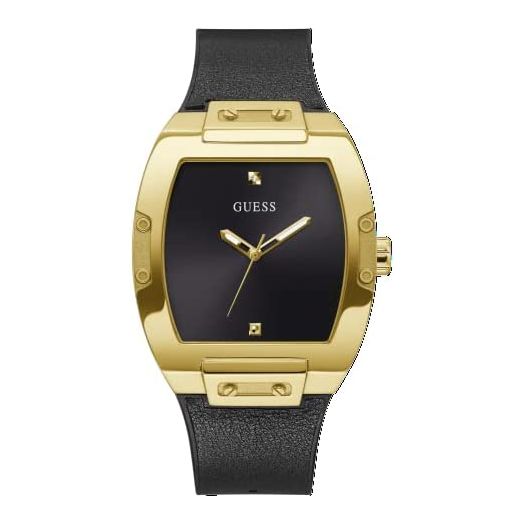 GUESS Men's Trend Casual Tonneau Diamond 43mm Watch – Black Dial Gold-Tone Stainless Steel Case with Black Flex Strap