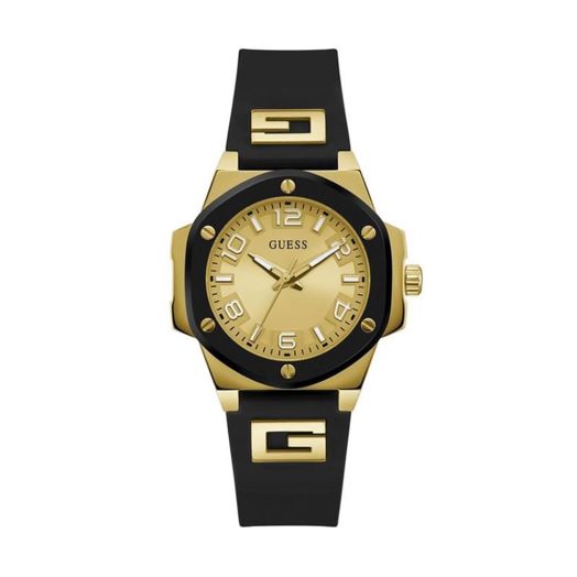 GUESS Ladies 38mm Watch - Black Strap Champagne Dial Two-Tone Case