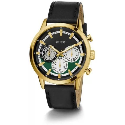GUESS Men's 44mm Watch - Black Strap Black-Green Dial Gold Tone Case