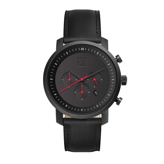 Ethan Eliot Chrono Minimalist Men's Watches, 45mm Black Watches for Men, Stainless Steel Black Case, Black Face & Genuine Black Leather Band, 5ATM Water Resistant Watch (EE45-B-B01BK)