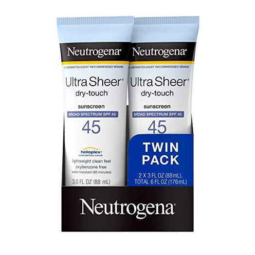 Neutrogena Ultra Sheer Dry-Touch Water Resistant and Non-Greasy Sunscreen Lotion with Broad Spectrum SPF 45, TSA-Compliant travel Size, 3 Fl Oz, Pack of 2, 6 Fl Oz