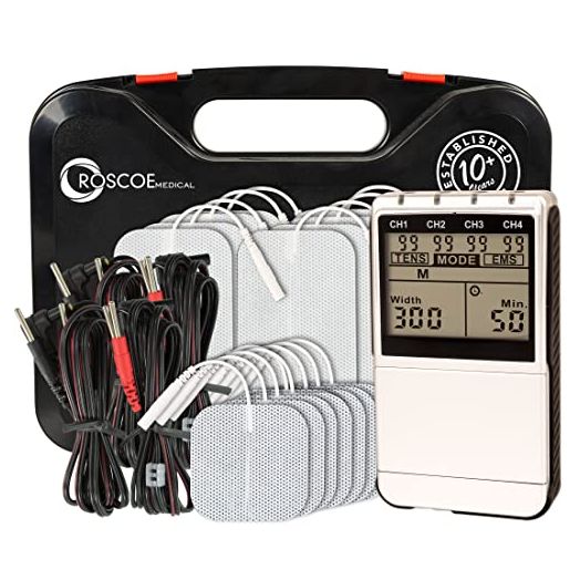 Roscoe Medical TENS Unit and EMS Muscle Stimulator - 4-Channel OTC TENS Machine for Back Pain Relief, Lower Back Pain Relief, Neck Pain, Includes Case, Pain Relief, Muscle Recovery