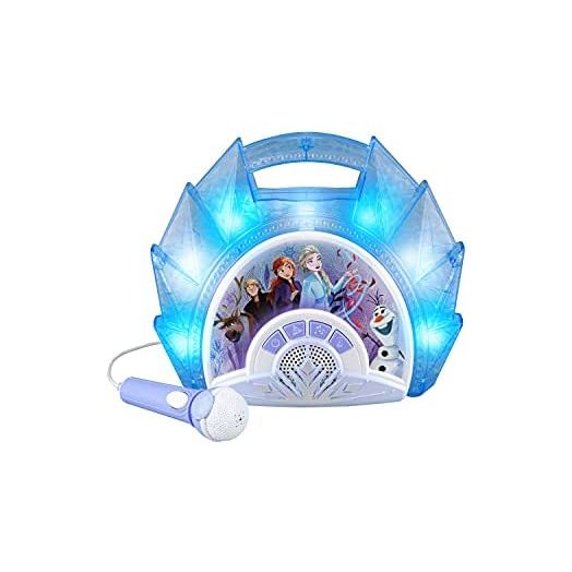 eKids Frozen Sing Along Boom Box Speaker with Microphone for Fans of Frozen Toys for Girls, Kids Karaoke Machine with Built in Music and Flashing Lights , Blue, 3.5mm Audio Jack