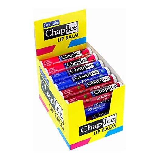 Chap-Ice® | Premium and Traditional Lip Balm for Chapped, Dry, or Windburned Lips | 3 Flavor Assorted Display - Cherry SPF-4, Moisture SPF-15, Watermelon - 24 Sticks (0.15oz/4.25g)