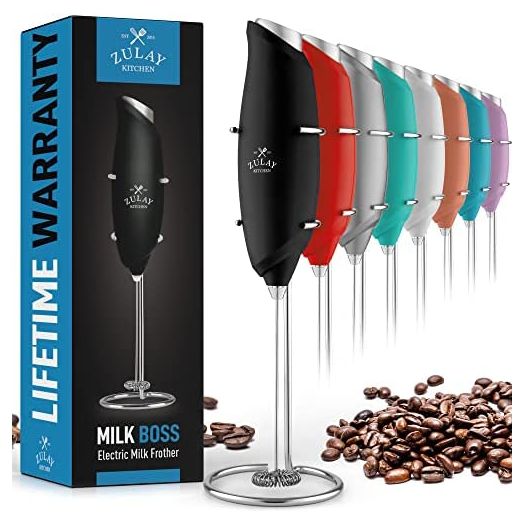 Zulay Kitchen Premium One-Touch Milk Frother for Coffee - Easy-Use Frother Handheld Foam Maker - Electric Whisk Drink Mixer for Cappuccino, Frappe, Matcha and Hot Chocolate (Black)