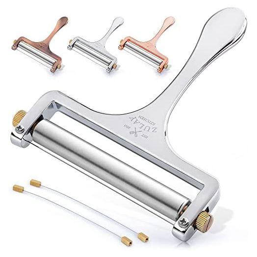 Zulay Cheese Slicer With Adjustable Thickness - Wire Cheese Slicer For Mozzarella Cheese, Cheddar Cheese, Gouda Cheese - Cheese Slicers For Block Cheese Heavy Duty With 2 Extra Wires (Silver)