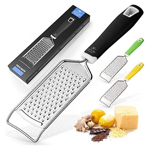 Zulay Kitchen Professional Cheese Grater Stainless Steel - Durable Rust-Proof Metal Lemon Zester Grater With Handle - Flat Handheld Grater For Cheese, Chocolate, Spices, And More - Black