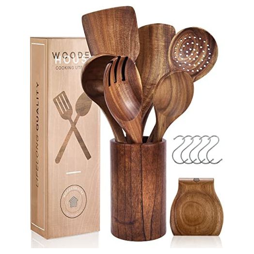 Wooden Cooking Utensils Set with Holder & Spoon Rest, Wood Spoons and Spatula for Cooking – 8pc Kitchen Cookware with Hanging Hooks, Non-stick Natural Teak Wood