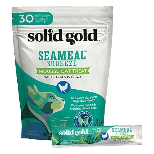 Solid Gold Lickable Cat Treats - Chicken SeaMeal Squeeze Squeezable Cat Treats for Indoor Cats 30 Pack - Made with Fiber-Rich Seaweed for Digestive Health & Immune Support - 3 oz / 30 Count