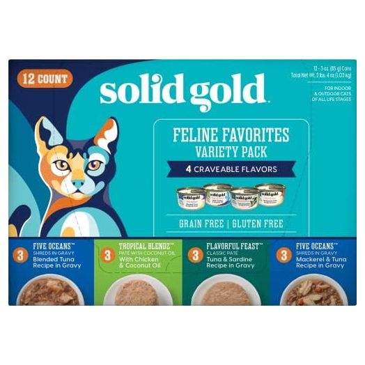 Solid Gold Wet Cat Food Variety Pack - Pate & Shreds in Gravy Recipes - Made with Real Chicken, Tuna & Mackerel for Sensitive Stomach & Immune Health - Canned, 12 Pack