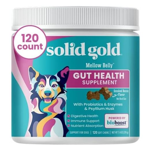 Solid Gold Dog Probiotic Chews - Bacon Flavor Soft Chews for Dog Digestive Support - Mellow Belly Probiotic for Dogs with Fiber & Digestive Enzymes for Bowel Support & Gut Health - 120 Count