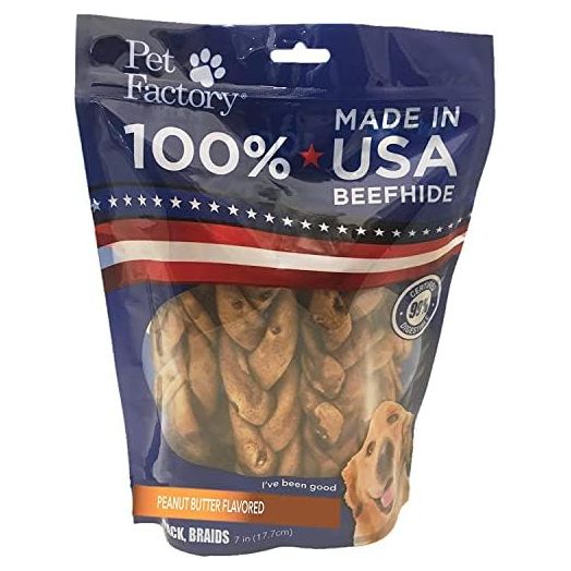 Pet Factory 100% Made in USA Beefhide 7" Braided Sticks Dog Chew Treats - Peanut Butter Flavor, 6 Count/1 Pack