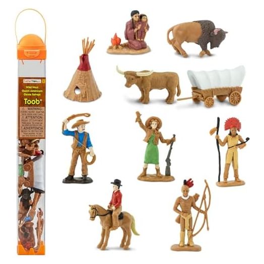 Safari Ltd. Wild West TOOB - 10 Figurines: Native Teepee, Bull, Wagon, Buffalo, Chief, Cowboy, Riding Cowboy, Saddled Horse - Educational Toy Figures For Boys, Girls & Kids Ages 3+