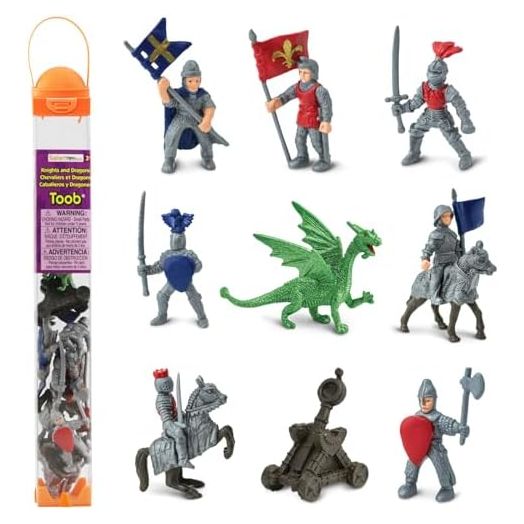 Safari Ltd. Knights & Dragons Toob - Set of 10 Mini Figurines: Red & Blue Kingdom Knights, Catapult, and Green Dragon - History Learning Toy Figures for Boys, Girls & Kids Ages 3+