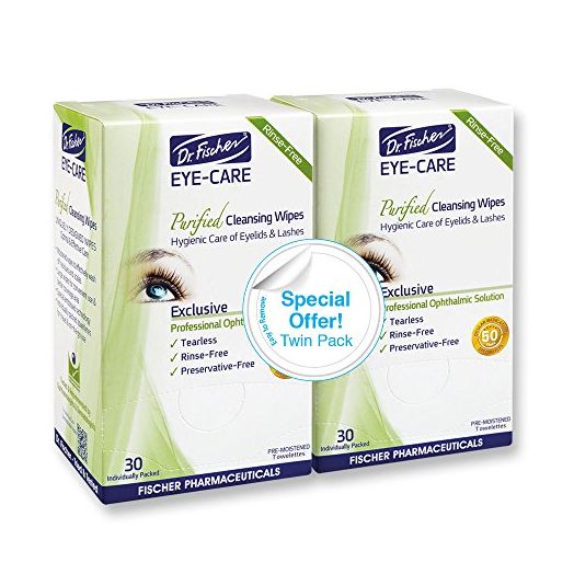 Dr. Fischer Premium, Purified, Non-Irritating & Hypoallergenic Eyelid Wipes Pre-moistened for complementary treatment of Red Eye, Dry Eye, and Blepharitis & Conjunctivitis Cleanses Make-up (Twin Pack)