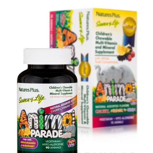 Nature's Plus Animal Parade Children's Chewable Multivitamin & Mineral Supplement - Cherry, Orange & Grape Flavors - 90 Chewable Tablets