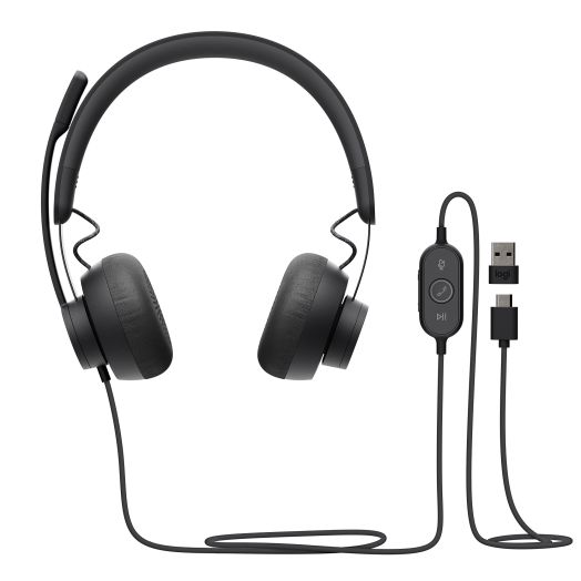 Logitech Zone 750 Wired On-Ear Headset with Advanced Noise-canceling Microphone, Simple USB-C and Included USB-A Adapter, Plug-and-Play Compatibility for All Devices,Graphite