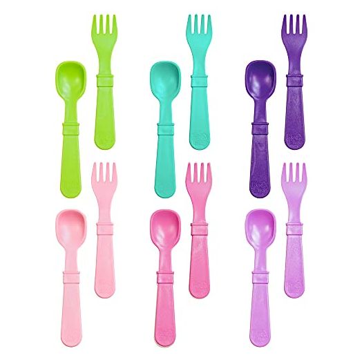 RE-PLAY Made in USA 12pk Fork and Spoon Utensil Set for Baby & Toddler Feeding in Aqua, Lime, Blush, Pink, Purple & Amethyst |BPA FREE| Made of Eco Friendly Recycled Milk Jugs| Fairytale