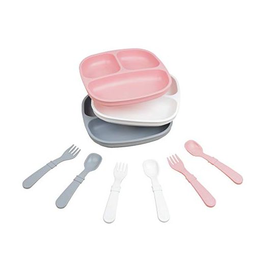 Re-Play Made in the USA Dinnerware SET - 3pk Divided Plates with matching Utensils set (Modern Pink)