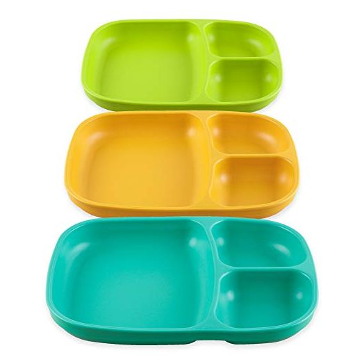 Re-Play Set of 3 Made in the USA Deep Divided Heavy Duty Dining Trays with 3 Compartments| Virtually Indestructible Eco Friendly Recycled HDPE| Outdoor, Camping, Party or Everyday Dining| Aqua Asst.