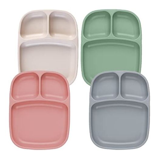 Re-Play 4pk - 10" Divided Trays with Deep Sides for Baby, Toddler & Child Feeding in Desert Rose, Sand, Sage & Grey | BPA Free | Made in USA from Eco Friendly Recycled Milk Jugs|(Warm Naturals 4pk)