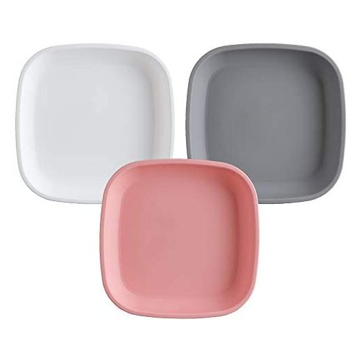 Re-Play Made in USA 3pk - 7.37" Plates with Deep Sides for Easy Baby, Toddler, Child Feeding - Blush, Grey, White (Modern Pink Collection) Eco Friendly Heavyweight Recycled Polypropylene