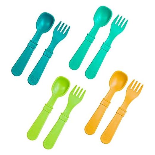 RE-PLAY Made in USA 8pk Toddler Feeding Spoon and Fork Set| Made from BPA Free Eco Friendly Recycled Milk Jugs - Virtually Indestructible | Aqua, Sunny Yellow, Lime & Teal | Dishwasher Safe |Aqua Asst