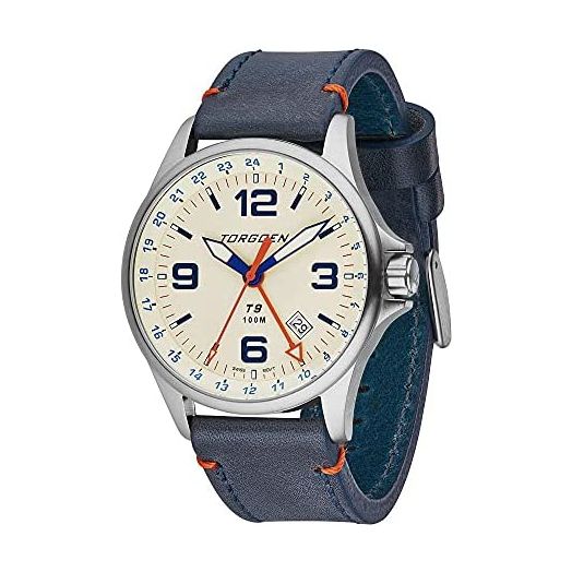 Torgoen T9 Cream GMT Pilot Watch for Men, Swiss Quartz, Mineral Crystal with Blue Leather Strap