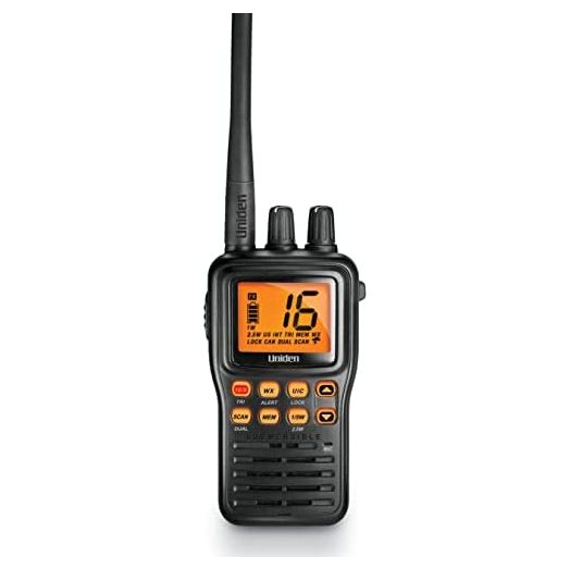 Uniden MHS75 Waterproof Handheld 2-Way VHF Marine radio, Submersible, Selectable 1/2.5/5 Watt Transmit Power. All USA/International and Canadian Marine Channels - Color Black