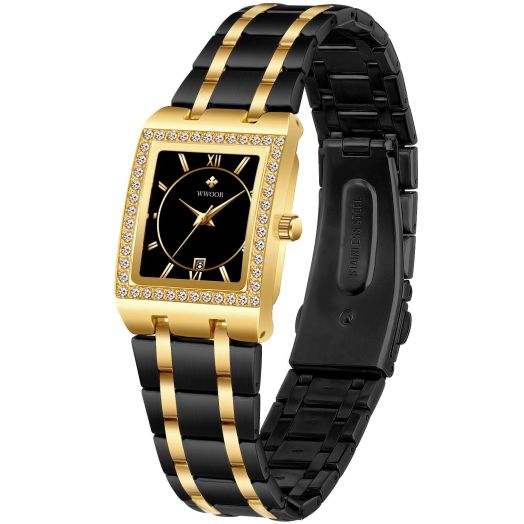 carlien Women's Stainless Steel Bracelet Watches Waterproof Calendar Ladies Luxury Analog Quartz Wrist Watch (X Black Gold)