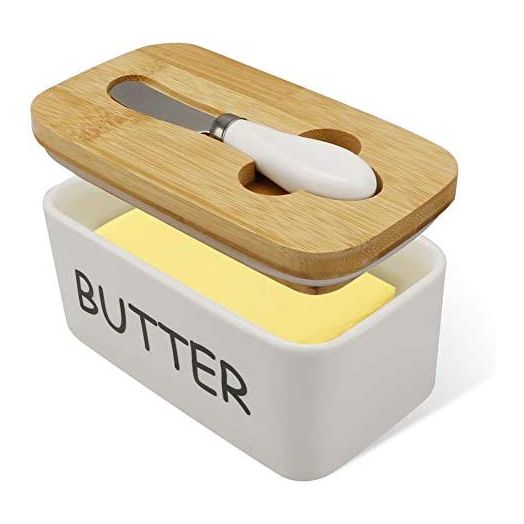 Porcelain Butter Dish with Bamboo Lid and Knife Airtight Silicone Sealing Butter Container is Good for Kitchen, Baking and Gift