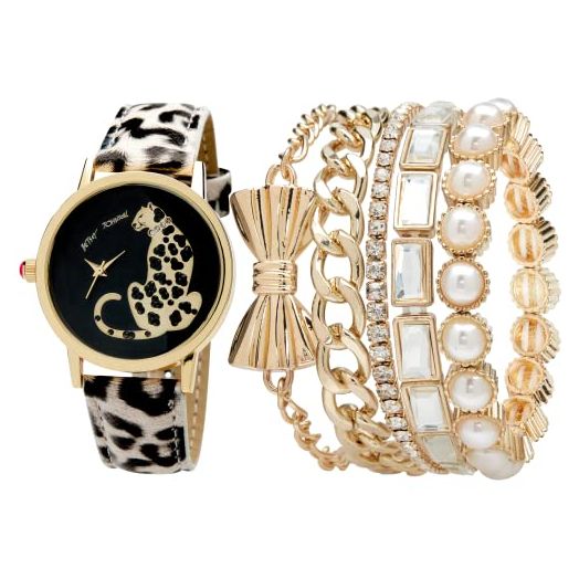 Betsey Johnson Women's Watch Set - Vegan Leather Strapped Wristwatch with Bracelets: BJWS002, Size One Size, Cheetah