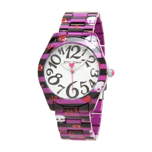 Betsey Johnson Women's Watch – Time Skating Wristwatch, 3 Hand Quartz Movement: BJW083, Size One Size, Silver Glitter Print