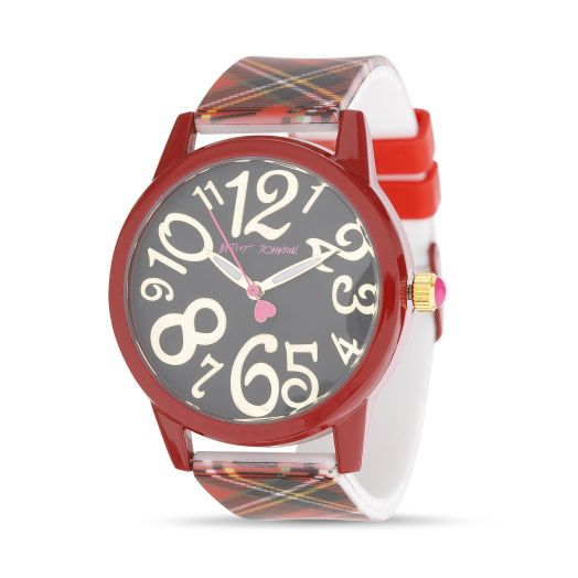 Betsey Johnson Women's Watch Red Alloy Case Plaid Silicone Band (BJW151)