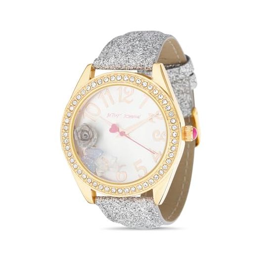 Betsey Johnson Women's Watch Iridescent Alloy Case Black Glitter Band Floating Star Moon Charms Pink Crystal Dial (BJW155)