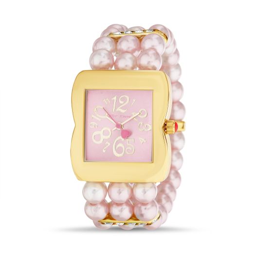 Betsey Johnson Women's Watch Rectangular Gold Plated Alloy Case Rose Face Pink Simulated Pearl Band (BJW158PK)