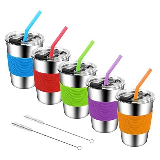 Kids Cups with Straws and Lids,12oz Spill Proof Toddlers Straws Tumbler with Lids,Stainless Steel Smoothie Sippy Cups with Lids,Metal Toddler Preschooler Cups with Lid for School,Outdoor