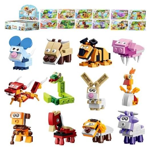 Party Favors for Kids Goodie Bags,12PCS Mini Building Blocks Animal, Building Sets Stem Toys, Assorted Building Blocks Sets for Birthday Party Gift,Goodie Bags, Prize,Cake Topper